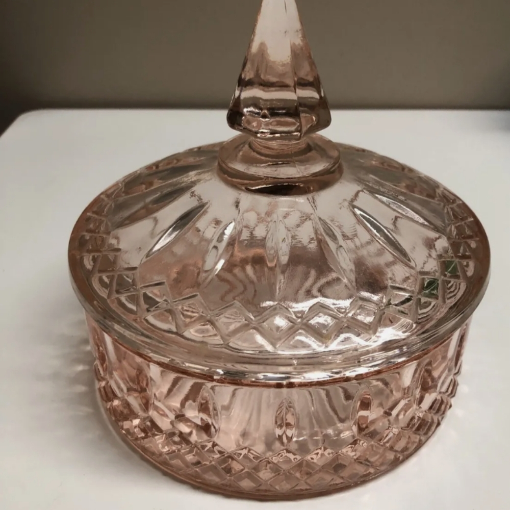Indiana Glass Princess Diamond Point Pink Lidded Candy Dish Dresser Jar Vintage